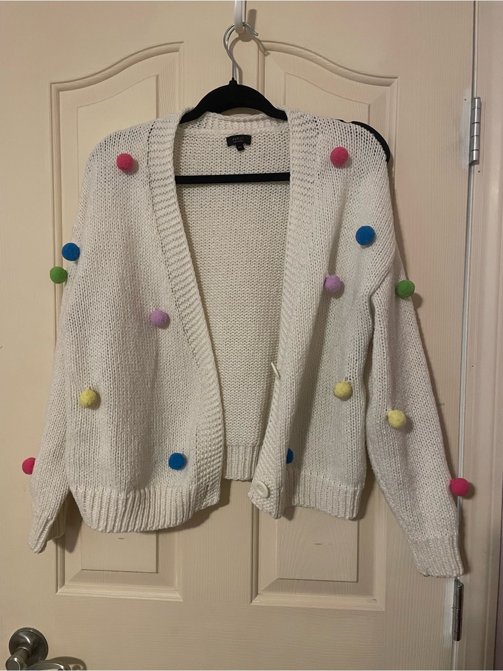 debut Cream Pom-Pom Open Knit Cardigan with Multicolor Accents